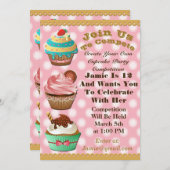 カップケーキウォーズベイクオフ誕生日ピンクポルカ招待状 招待状 (正面/裏面)