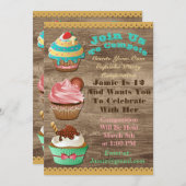 カップケーキウォーズベイクオフ誕生日ブラウン木製招待状 招待状 (正面/裏面)