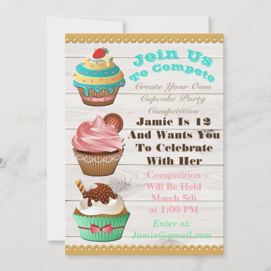 カップケーキウォーズベイクオフ誕生日ホワイトウッド招待状 招待状 (正面)