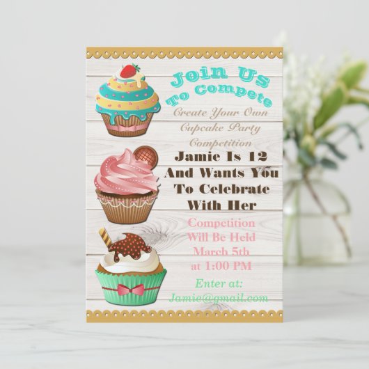 カップケーキウォーズベイクオフ誕生日ホワイトウッド招待状 招待状 (スタンド正面)
