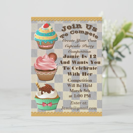 カップケーキウォーズベイクオフ誕生日市松模様に招待状 招待状 (スタンド正面)