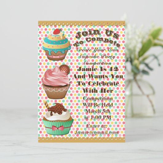 カップケーキウォーズベイクオフ誕生日水玉模様招待状 招待状 (スタンド正面)
