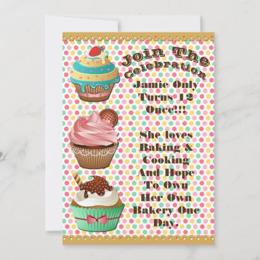 カップケーキウォーズベイクオフ誕生日水玉模様招待状 招待状 (裏面)