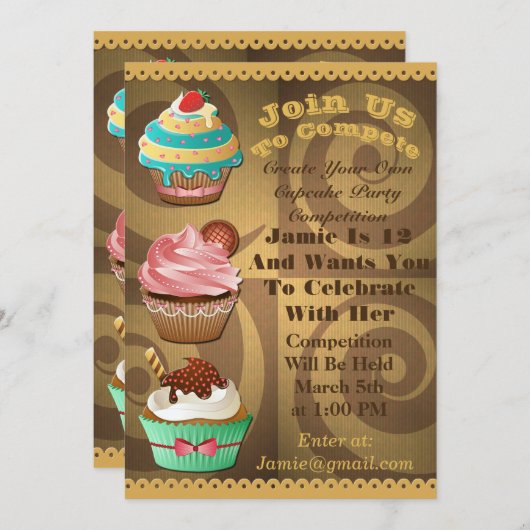 カップケーキウォーズベイクオフ誕生日金ゴールド旋回招待状 招待状 (正面/裏面)