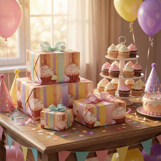 カップケーキカラフルファンタジースイートトリート ラッピングペーパー