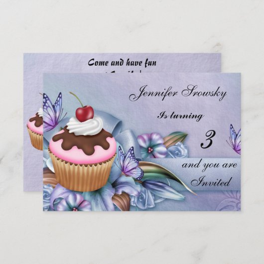 カップケーキガールズバースデーパーティー 招待状 (正面/裏面)