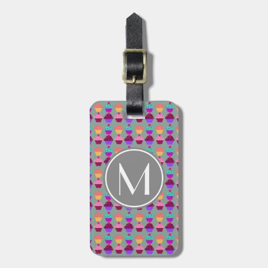 カップケーキグレーモノグラムギフト ラゲッジタグ (正面縦)