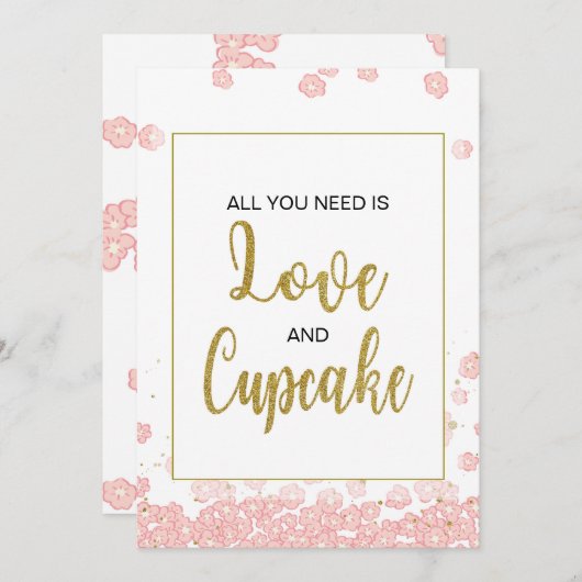 カップケーキサインブライダルシャワー |ピンクと金ゴールド 招待状 (正面/裏面)