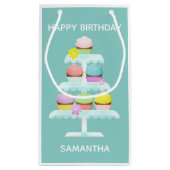 カップケーキスタンドティール（緑がかった色）ハッピーバースデー スモールペーパーバッグ (裏面)