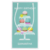 カップケーキスタンドティール（緑がかった色）ハッピーバースデー スモールペーパーバッグ (正面)