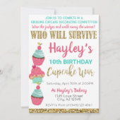 カップケーキチャレンジベーキングピンク&ミント誕生日 招待状 (正面)