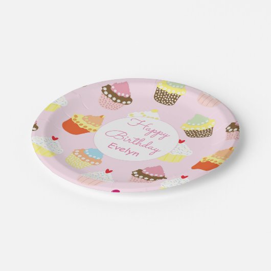 カップケーキテーマピンクバースデーパーティー紙プレート ペーパープレート (アングル)