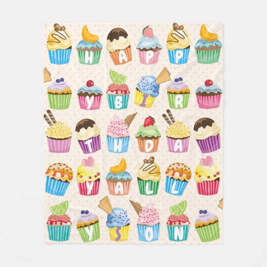 カップケーキハッピーバースデーにかわいいお菓子を付け加える フリースブランケット (正面)
