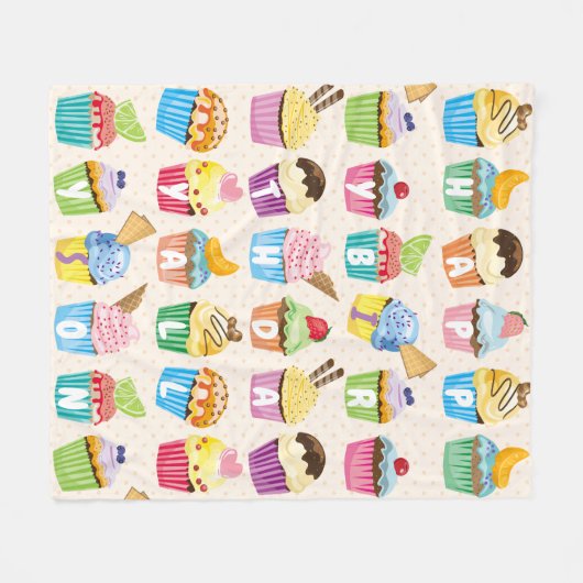 カップケーキハッピーバースデーにかわいいお菓子を付け加える フリースブランケット (正面(横))