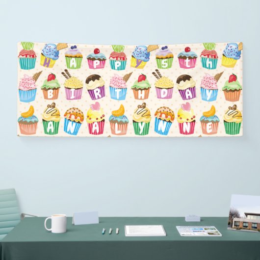カップケーキハッピーバースデーにかわいいお菓子を付け加える 横断幕 (トレードショー)