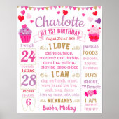 カップケーキハート女子のための最初の誕生日ボード ポスター (正面)