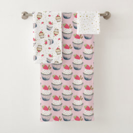 カップケーキバスタオルセット – ピンク水玉模様デザートTh バスタオルセット