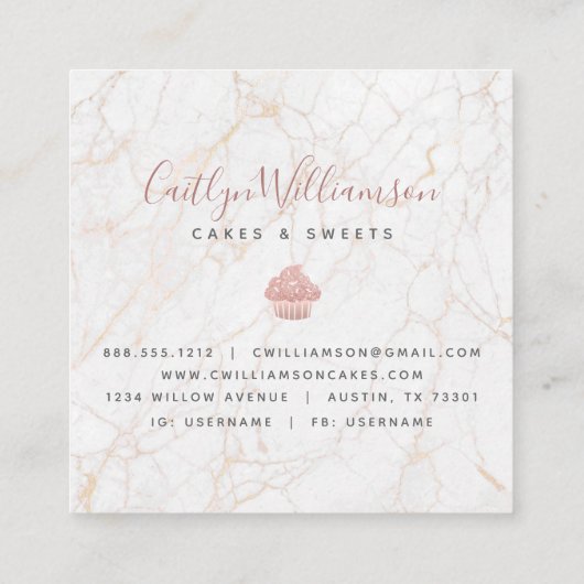 カップケーキバラ金ゴールドグリッタードリップスマーブルベーカリーシェフ スクエア名刺 (裏面)
