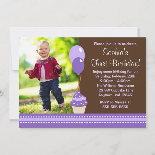 カップケーキバルーンブラウンパープルフォト誕生日 招待状 (正面)