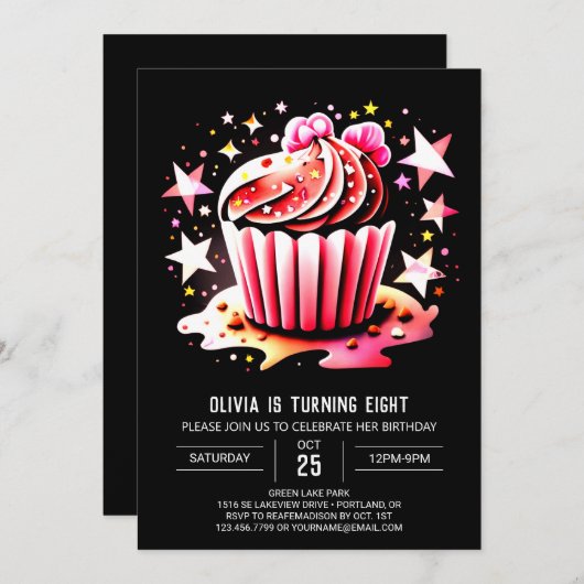 カップケーキパステルエレガンスマフィンガール誕生日 招待状 (正面/裏面)