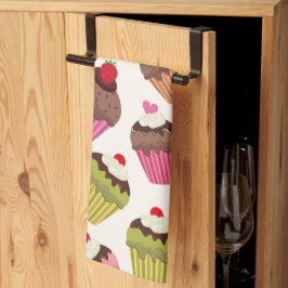 カップケーキパターン、マフィンパターン、チョコレート、ハート キッチンタオル