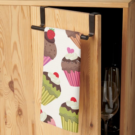 カップケーキパターン、マフィンパターン、チョコレート、ハート キッチンタオル (三つ折り)