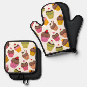カップケーキパターン、マフィンパターン、チョコレート、ハート 鍋つかみ&鍋敷きセット (正面/裏面)