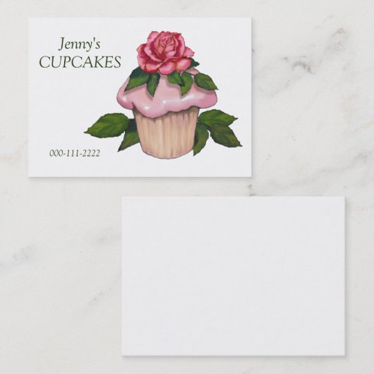 カップケーキビジネス、ベーキング、ピンクのアイシング、ピンクのバラ 名刺 (正面/裏面)