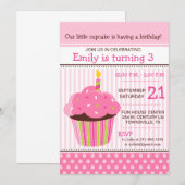 カップケーキピンクの誕生日パーティーへの招待 招待状 (正面/裏面)