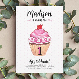 カップケーキピンクガール写真1st誕生日 招待状