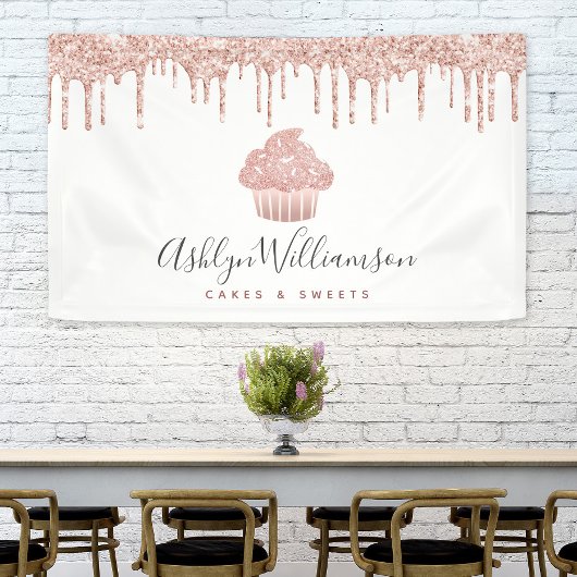 カップケーキピンクローズ金ゴールドグリッタードリップスベーカリーシェフ 横断幕