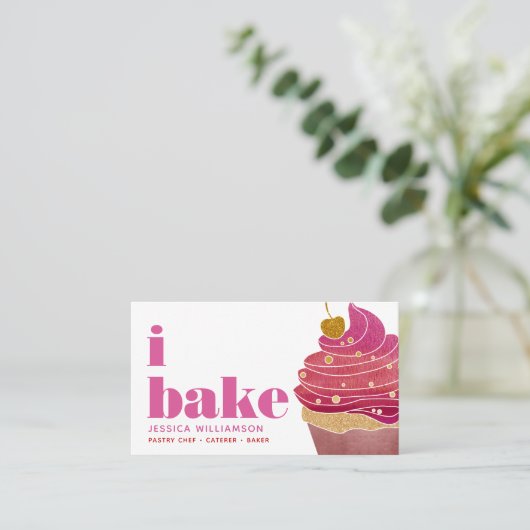 カップケーキピンク赤金ゴールドパティシシェフベイクタイはっきりしたプ 名刺 (スタンド正面)