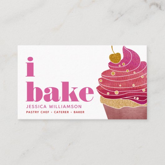 カップケーキピンク赤金ゴールドパティシシェフベイクタイはっきりしたプ 名刺 (正面)