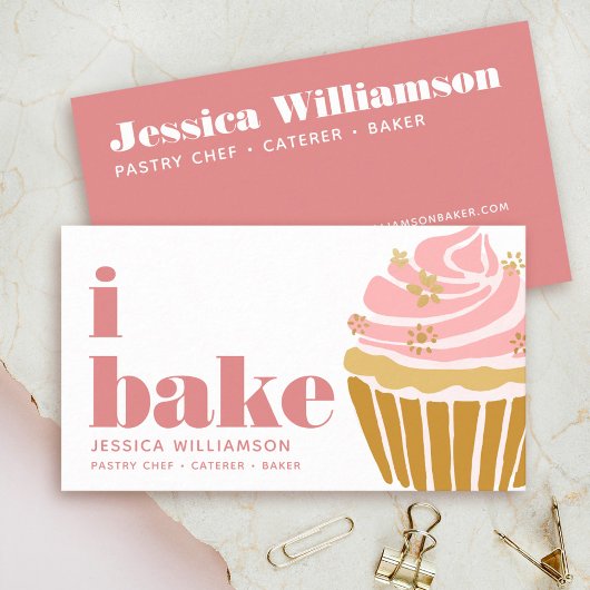 カップケーキピンク金ゴールドパティシシェフベイクタイモダンプ 名刺