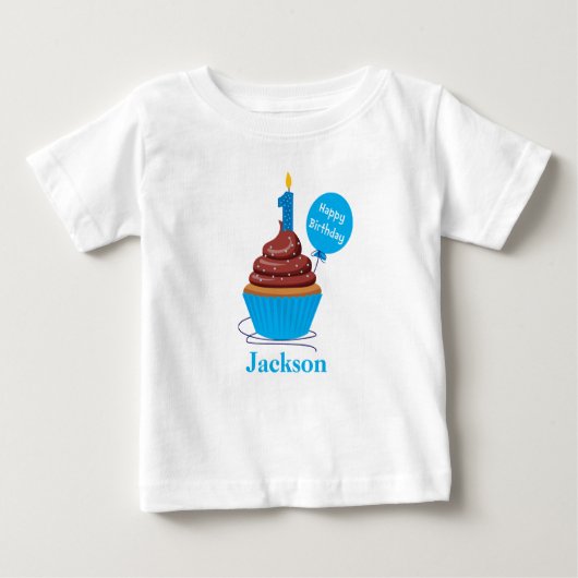 カップケーキファースト誕生日Tシャツブルーパーソナライズされた ベビーTシャツ (正面)