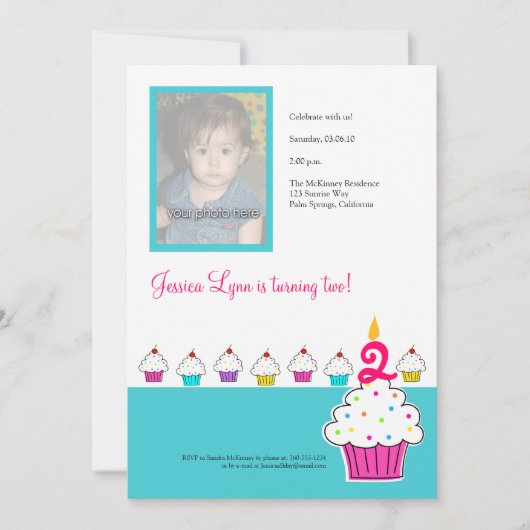 カップケーキフォト招待状，誕生日パーティー 招待状 (正面)