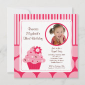 カップケーキフォト誕生日招待状ピンクフラワードット 招待状 (正面)