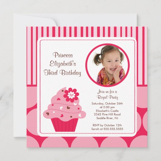 カップケーキフォト誕生日招待状ピンクフラワードット 招待状 (正面)