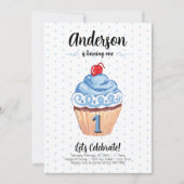 カップケーキブルーボーイ写真第1誕生日パーティー 招待状 (正面)