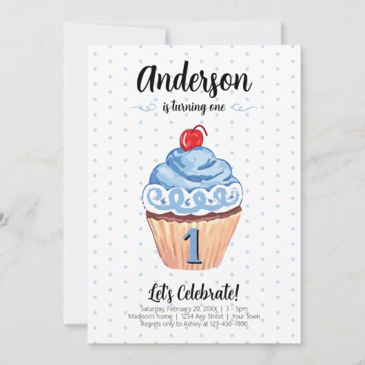 カップケーキブルーボーイ写真第1誕生日パーティー 招待状 (正面)