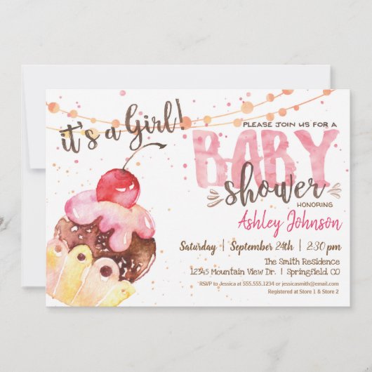 カップケーキベビーシャワーの招待、それは女の子だ 招待状 (正面)