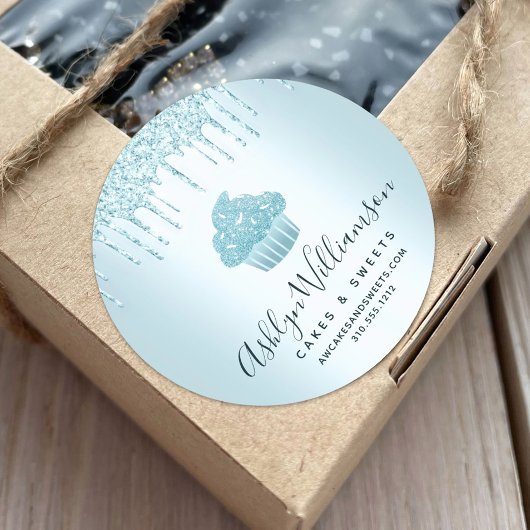 カップケーキベーカリーシェフターコイズグリッタードリップシック ラウンドシール