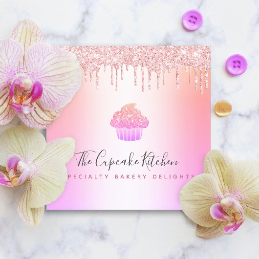 カップケーキベーカリーシェフピンクレインボーバラグリッタードリップ スクエア名刺