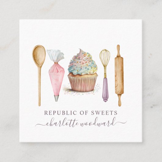 カップケーキベーカリーパティシシェフベイカーの道具 スクエア名刺 (正面)