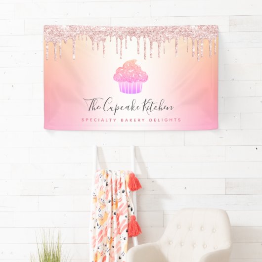 カップケーキベーカリーピンクローズグリッターレインボーグラデーション 横断幕 (インサイチュ)