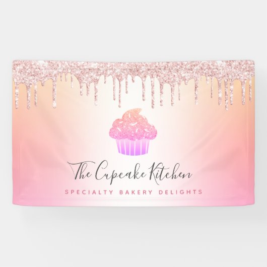 カップケーキベーカリーピンクローズグリッターレインボーグラデーション 横断幕 (横)