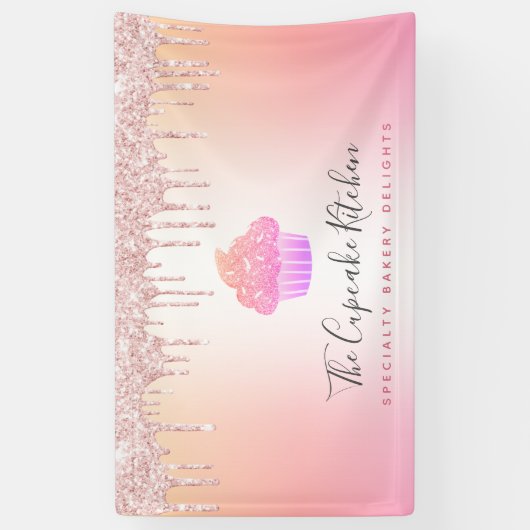 カップケーキベーカリーピンクローズグリッターレインボーグラデーション 横断幕 (縦)