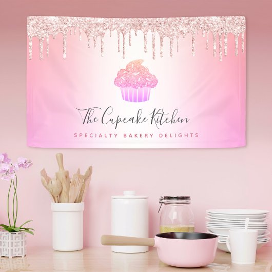 カップケーキベーカリーピンクローズグリッターレインボーグラデーション 横断幕