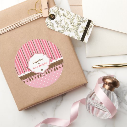 カップケーキベーカリーピンク水玉模様 ラウンドシール (ギフト)
