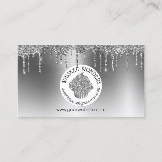 カップケーキベーカリーペストリーシェフグリッタードリップスシルバー 名刺 (正面)